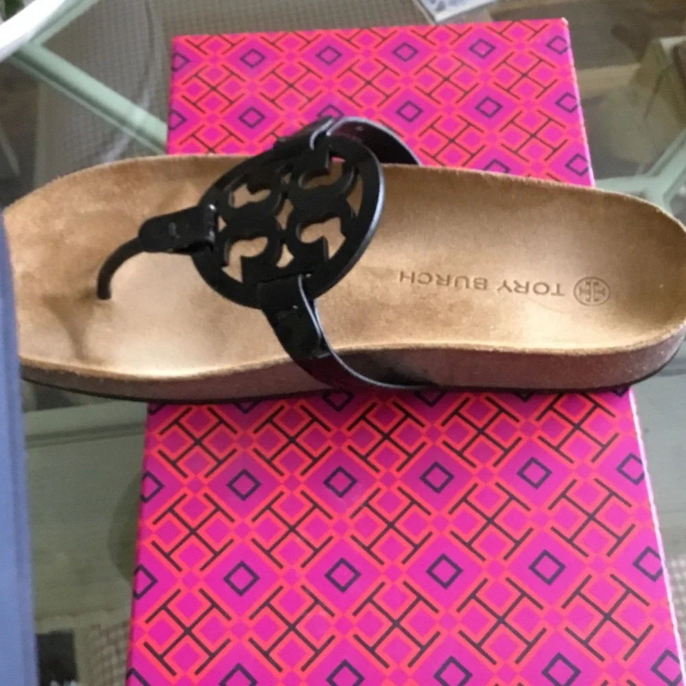 Tory Burch Black Logo Thong Sandals with Cork Footbed